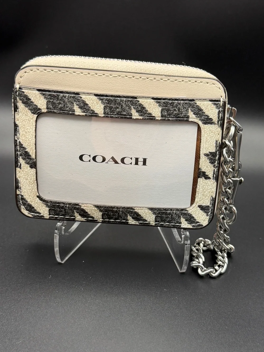 Coach Black and Cream Houndstooth Zip Card Case with Chain Clip